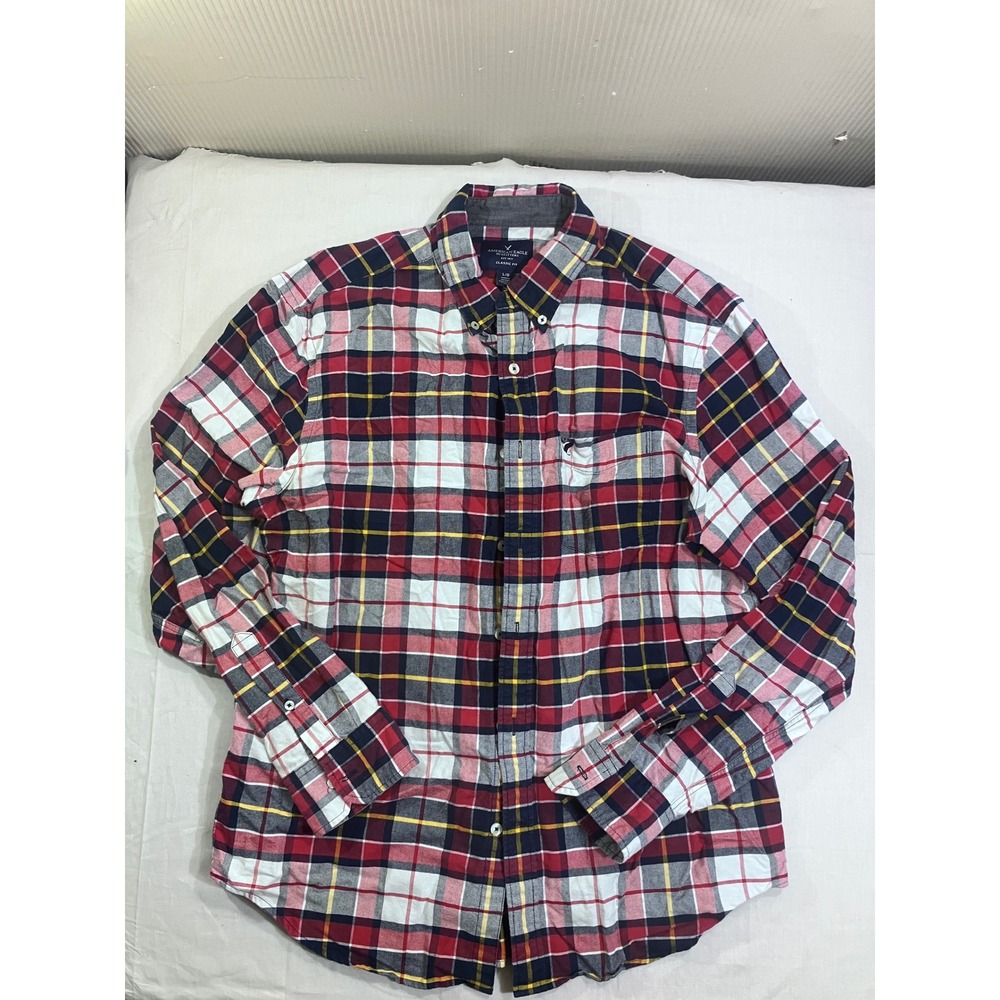 American Eagle Mens Classic Fit Plaid Button Down Shirt Red Navy Blue Large L
